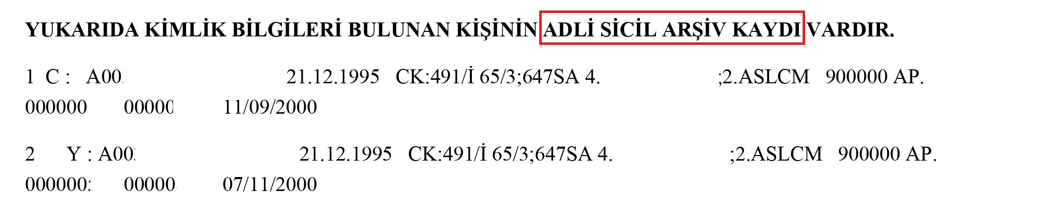 Adli Sicil Arşiv Kaydı Örneği