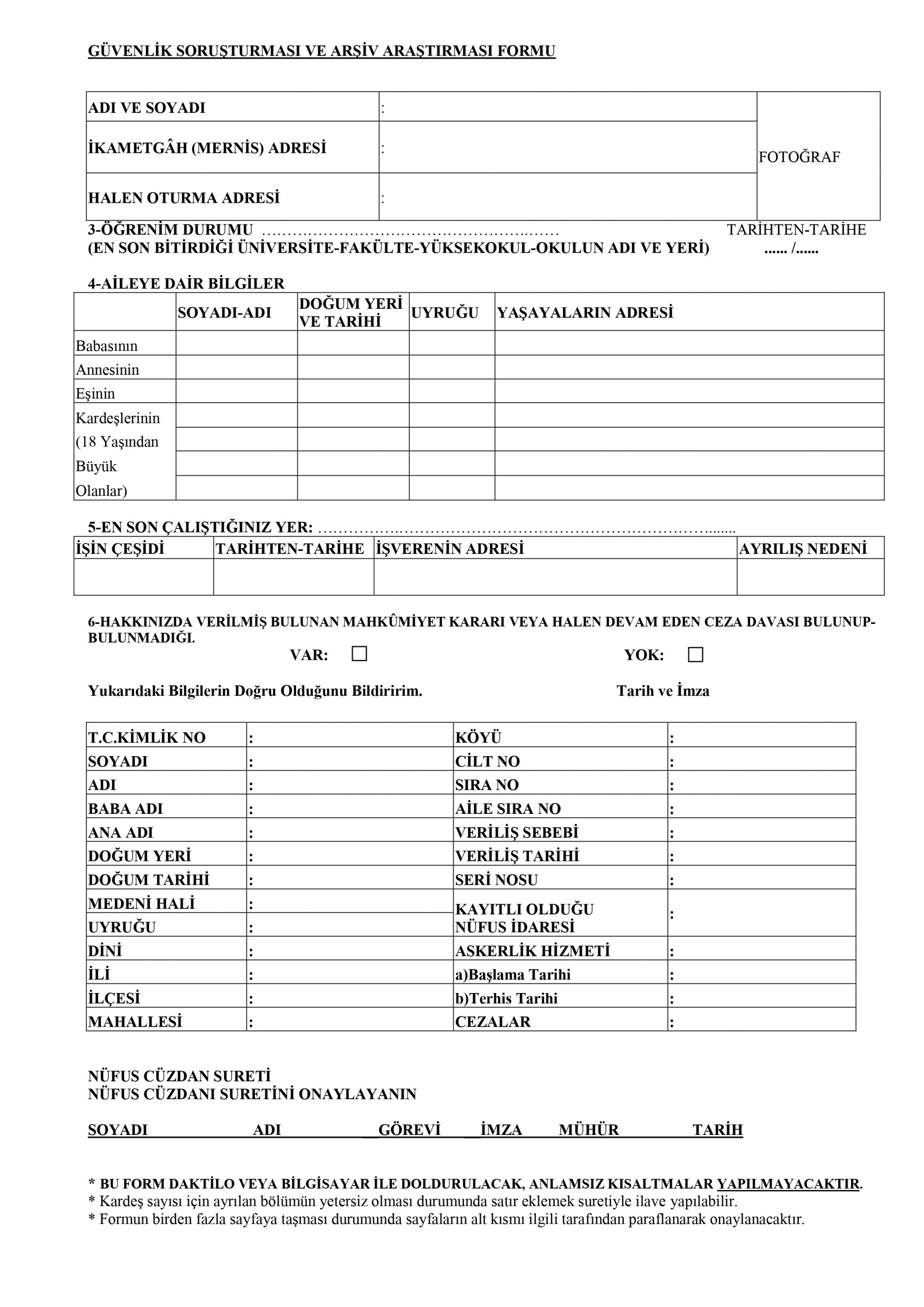 Güvenlik Soruşturması Formu Örneği