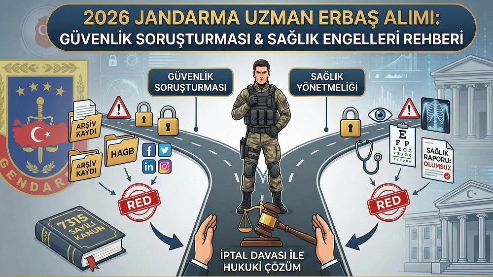 2026 Jandarma uzman erbaş alımı güvenlik soruşturması ve sağlık yönetmeliği elenme nedenleri ile idare mahkemesi iptal davası süreci infografiği