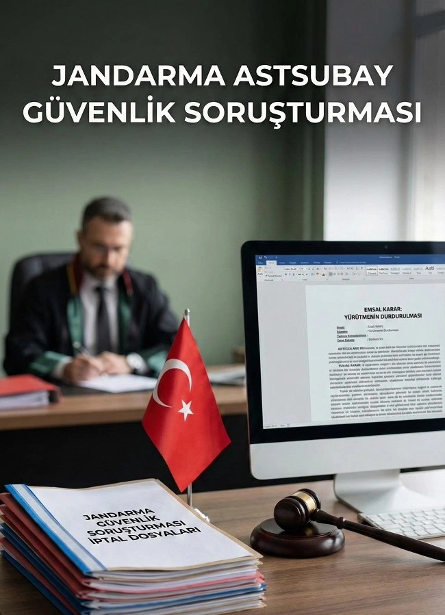 Jandarma astsubay güvenlik soruşturması iptal davası dosyaları, Türk bayrağı ve yürütmenin durdurulması emsal kararı içeren avukat çalışma masası.