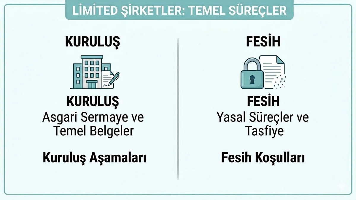 2026 yılı güncel mevzuatına göre limited şirket kuruluş aşamaları ve fesih koşullarını özetleyen bilgi grafiği.