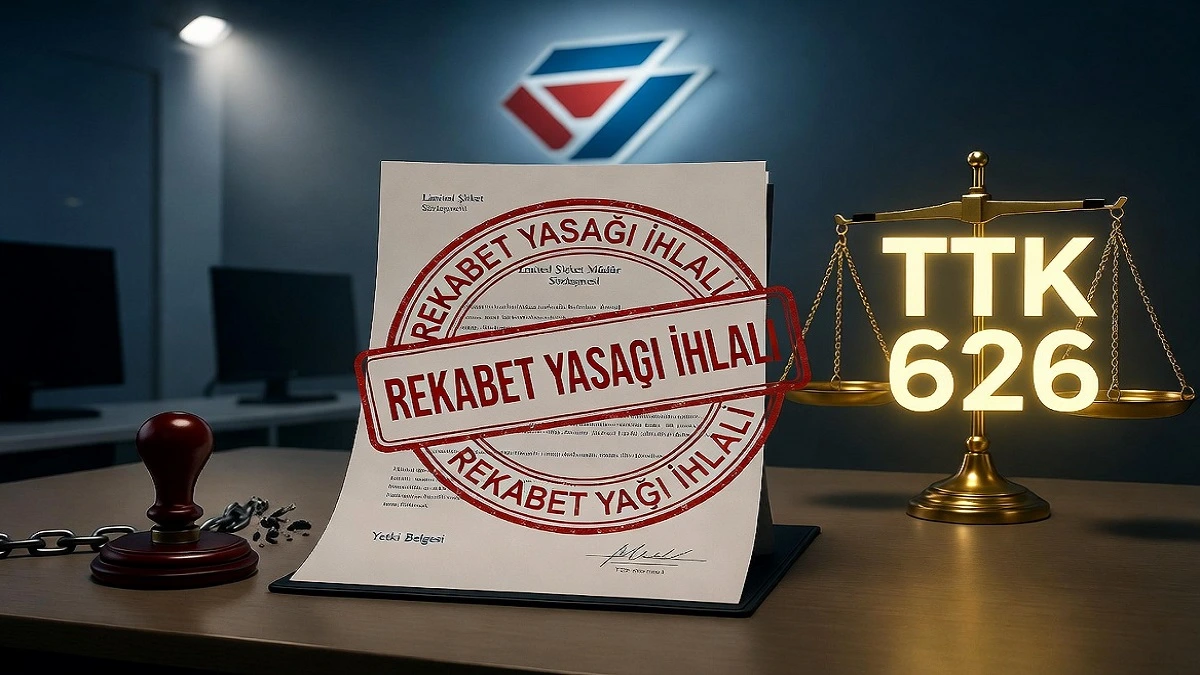 Limited şirket müdürünün rekabet yasağı ihlali yaparak rakip şirket kurması, müşteri çalması ve TTK Madde 626 uyarınca hukuki sonuçlarını temsil eden kırmızı damgalı sözleşme ve adalet terazisi görseli.