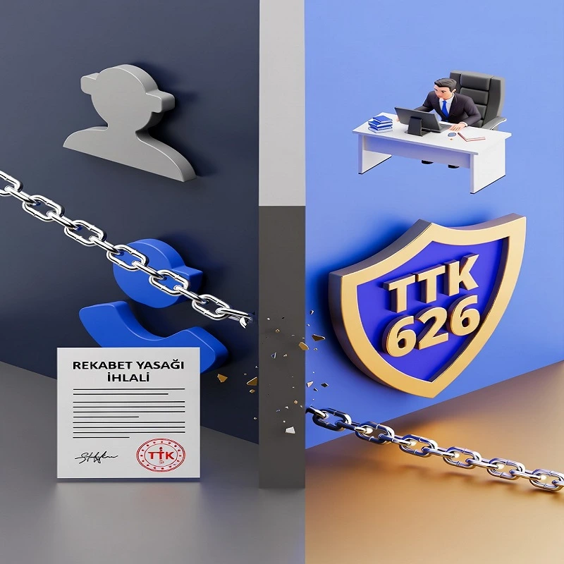 Limited şirket müdürünün rekabet yasağı ihlali yaparak rakip şirket kurması veya müşteri çalması durumunda TTK 626 uyarınca uygulanacak hukuki süreç ve çözüm yollarını gösteren infografik.