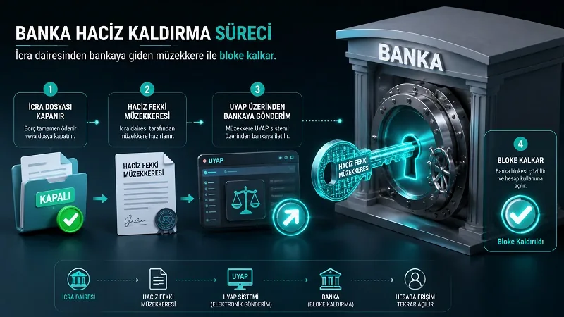 İcra dairesinden bankaya gönderilen haciz kaldırma müzekkeresi ve bloke çözülme süreci infografiği