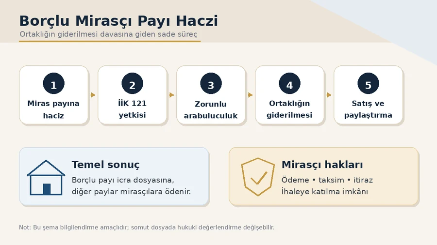 Borçlu mirasçı payı haczinden ortaklığın giderilmesi davasına uzanan hukuki süreç şeması