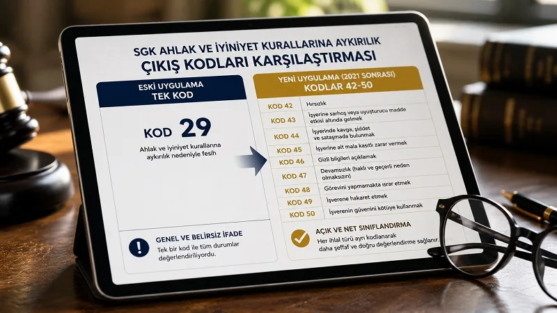 Eski SGK Kod 29 ile yeni Kod 42-50 (ahlak ve iyiniyet) arasındaki farkı gösteren liste.
