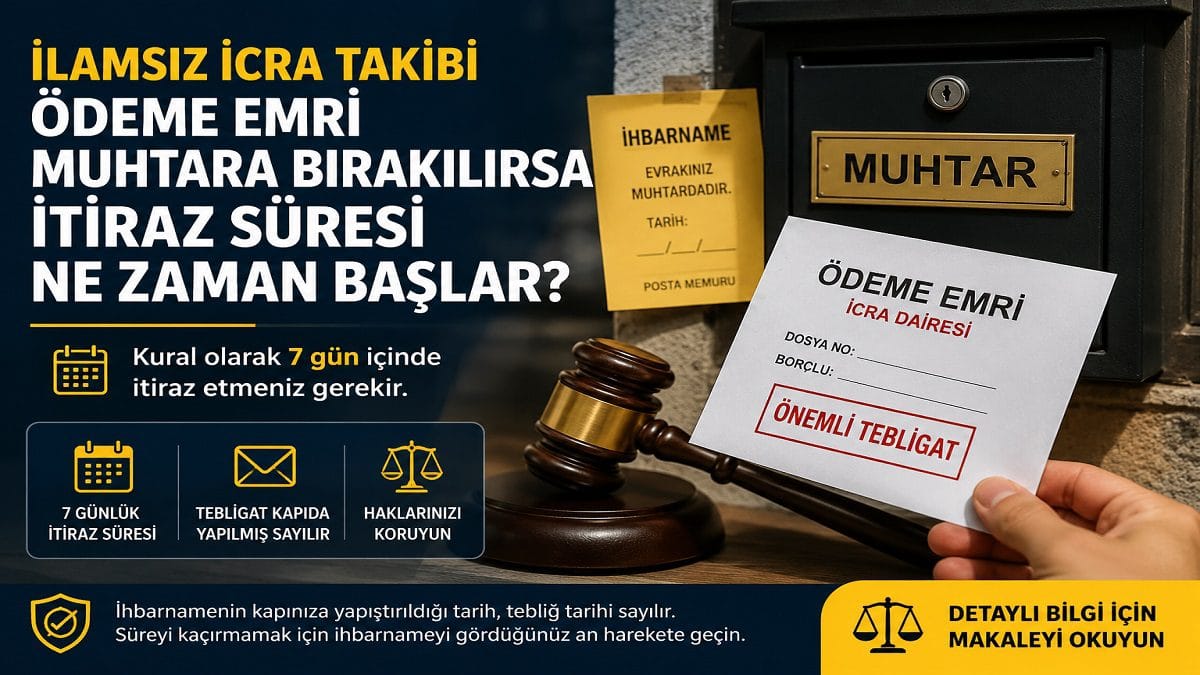 Muhtara bırakılan icra ödeme emri için 7 günlük itiraz süresini anlatan hukuki kapak görseli