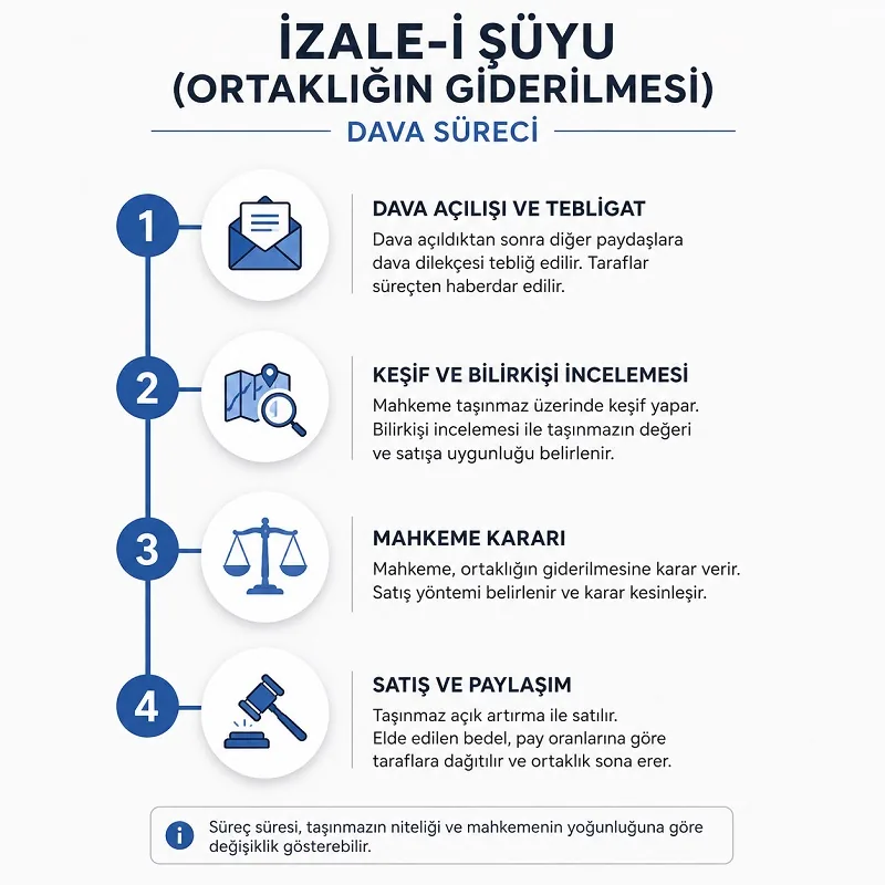  İzale-i şüyu davası aşamaları zaman çizelgesi: Tebligat, Keşif, Mahkeme Kararı ve Satış süreci.