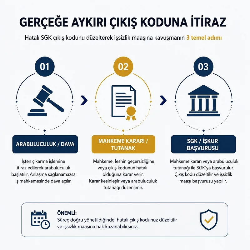 İşten çıkış kodunun mahkeme kararı veya arabuluculukla düzeltilmesi süreci akış şeması.