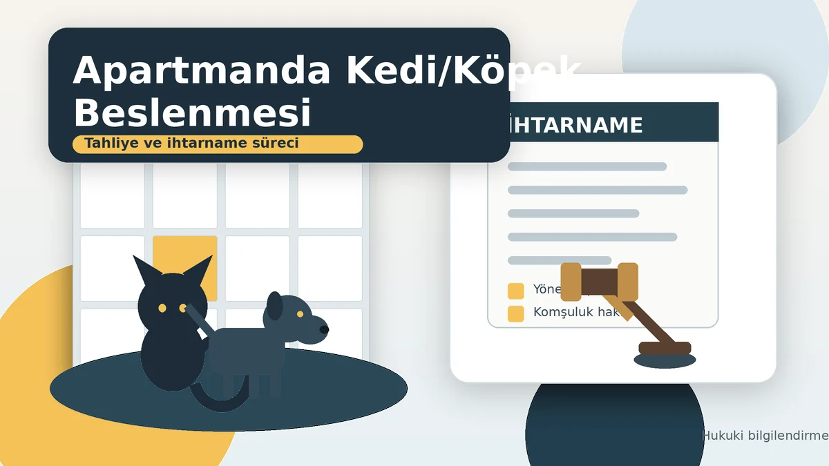Apartmanda kedi ve köpek beslenmesi hakkında ihtarname ve tahliye sürecini anlatan hukuki illüstrasyon.