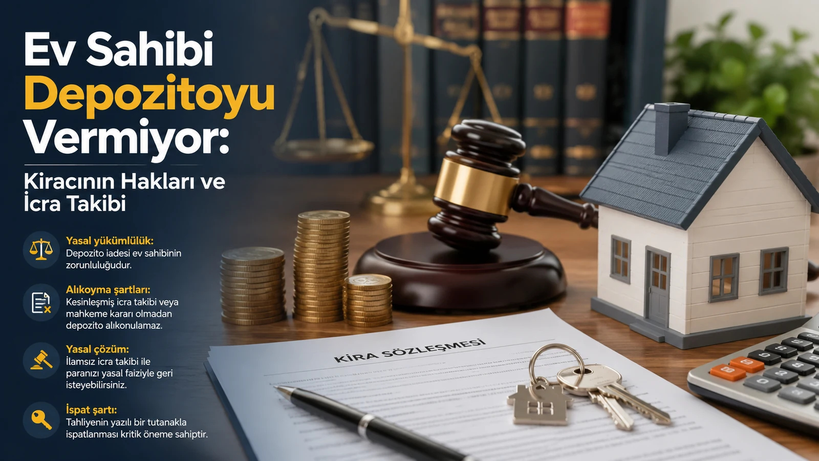 Depozitosunu geri alamayan kiracı için kira sözleşmesi, anahtar ve hukuk sembolleri