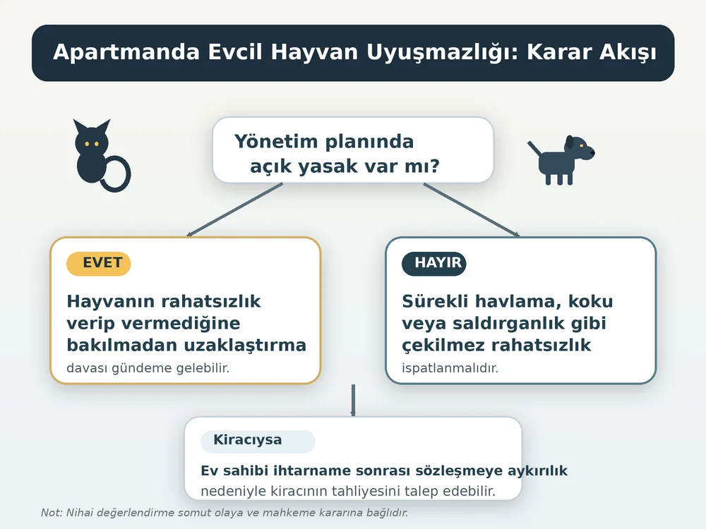 Yönetim planında evcil hayvan yasağına göre tahliye sürecini özetleyen karar akışı