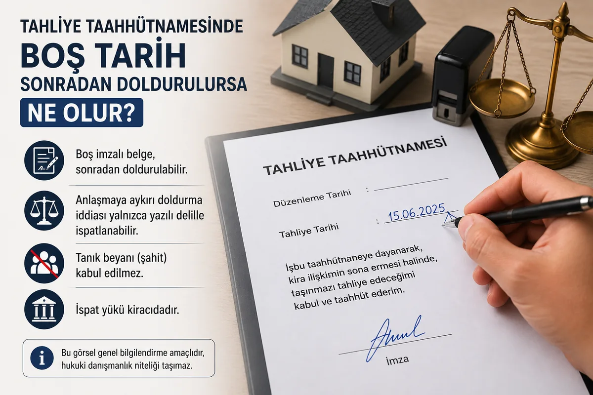 Boş tarihli tahliye taahhütnamesinde yazılı delil ve ispat yükünü anlatan hukuki bilgilendirme görseli