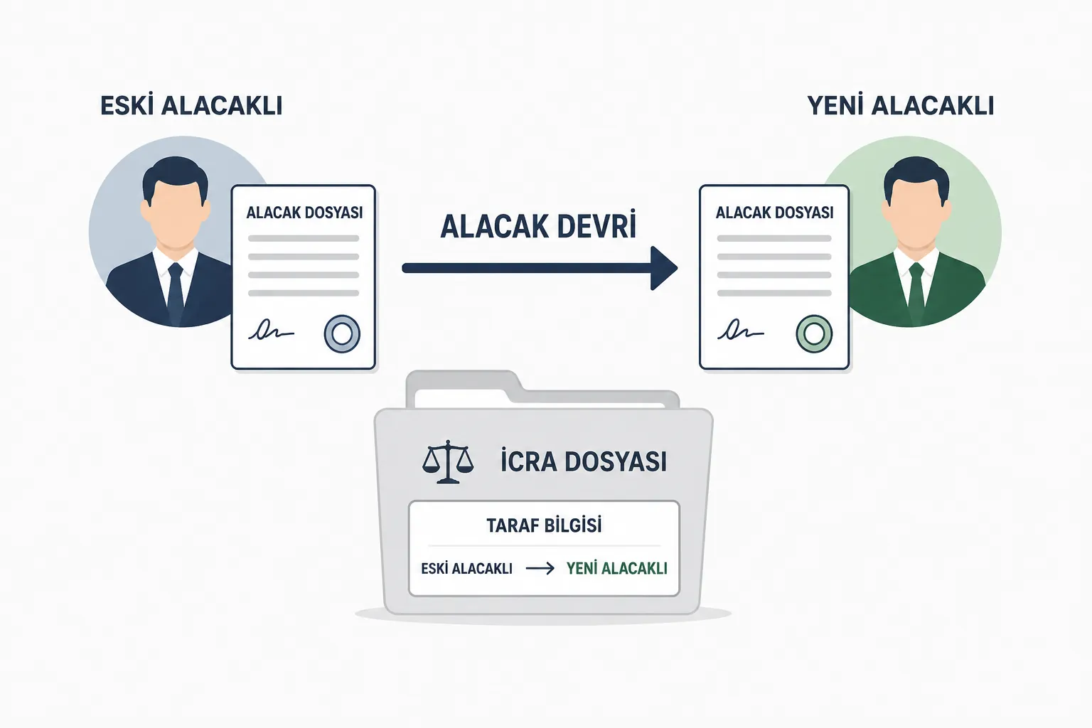 Alacak devrinden sonra icra takibinde eski ve yeni alacaklı arasındaki taraf değişikliğini gösteren belge şeması.