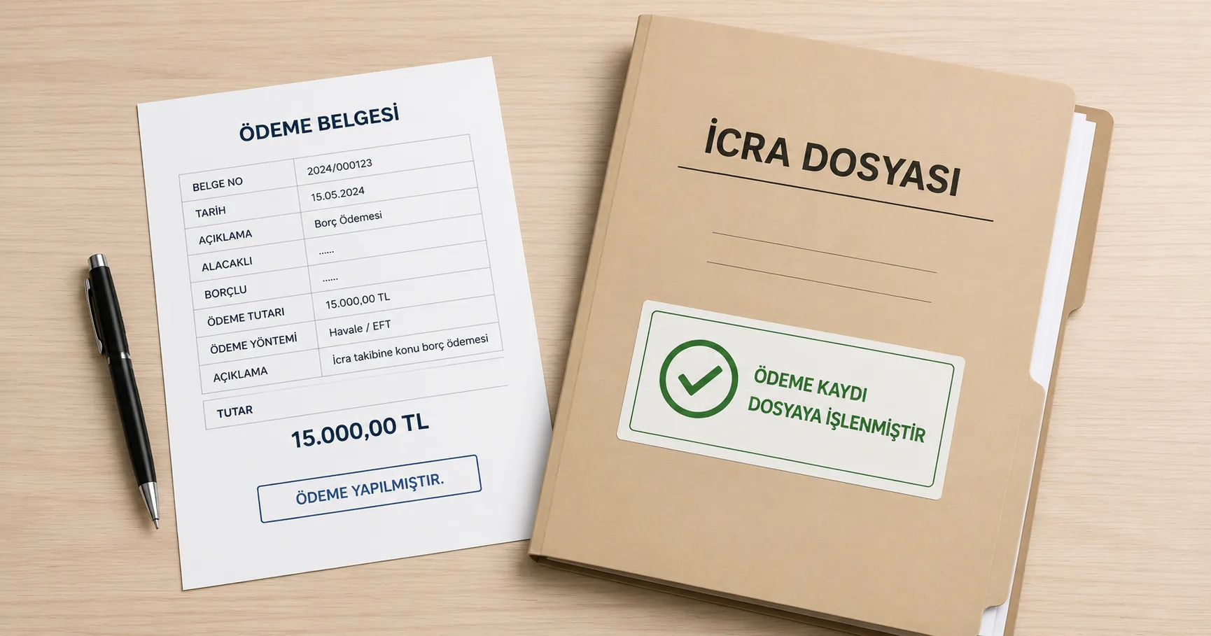 Alacaklıya yapılan ödemenin icra dosyasına işlenmesini gösteren ödeme belgesi ve dosya görseli