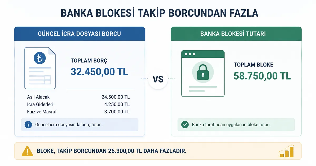 Banka blokesinin takip borcundan fazla olması durumunu gösteren borç ve bloke karşılaştırması.