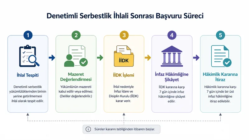 Denetimli serbestlik ihlali ve infaz hâkimliğine başvuru sürecini temsil eden belge ve takvim.