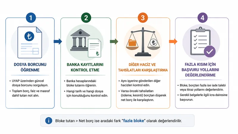 İcra borcundan yüksek görünen banka blokesinin kontrol aşamaları.