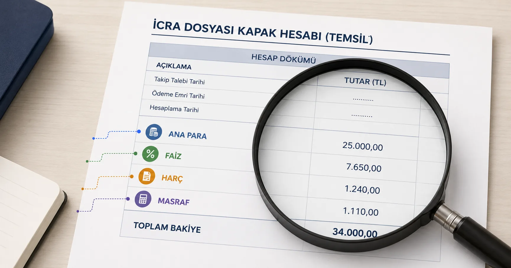 İcra dosyası kapak hesabındaki ana para, faiz, harç ve masraf kalemlerini gösteren temsili hesap dökümü