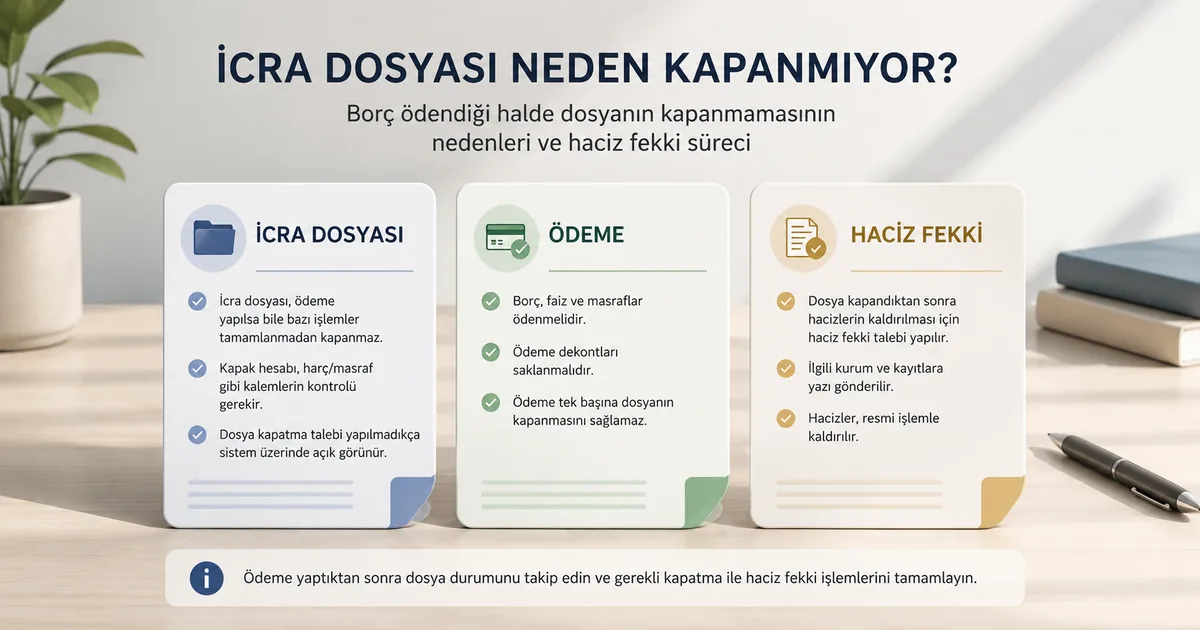 Borç ödendiği halde icra dosyasının neden kapanmadığını ve haciz fekki sürecini anlatan belge görseli.