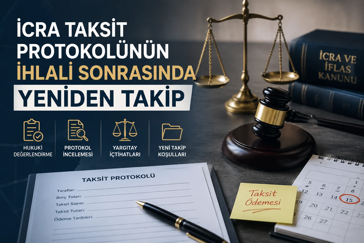 İcra taksit protokolü ihlalinden sonra mevcut dosyaya devam ve yeniden takip seçeneklerini gösteren konsept görsel.