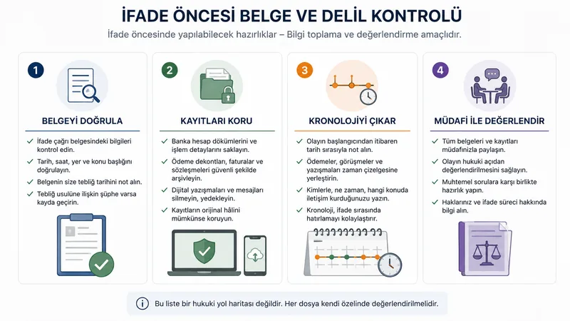 İfade öncesinde çağrı belgesi, banka hareketleri ve dijital kayıtların kontrolü.