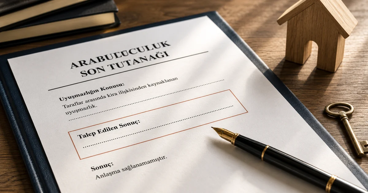 Kira arabuluculuğu son tutanağında tahliye talebinin eksik bırakılmasını simgeleyen belge ve konut kompozisyonu