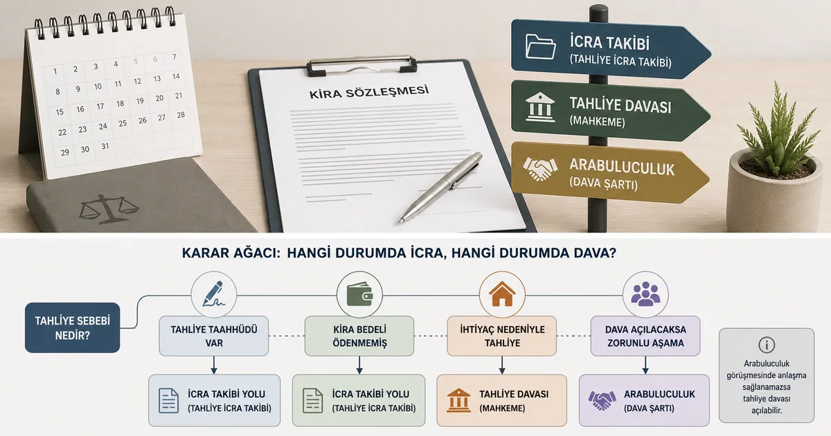 Kiralananın tahliyesinde icra takibi, tahliye davası ve arabuluculuk seçeneklerini gösteren nötr hukuk görseli.