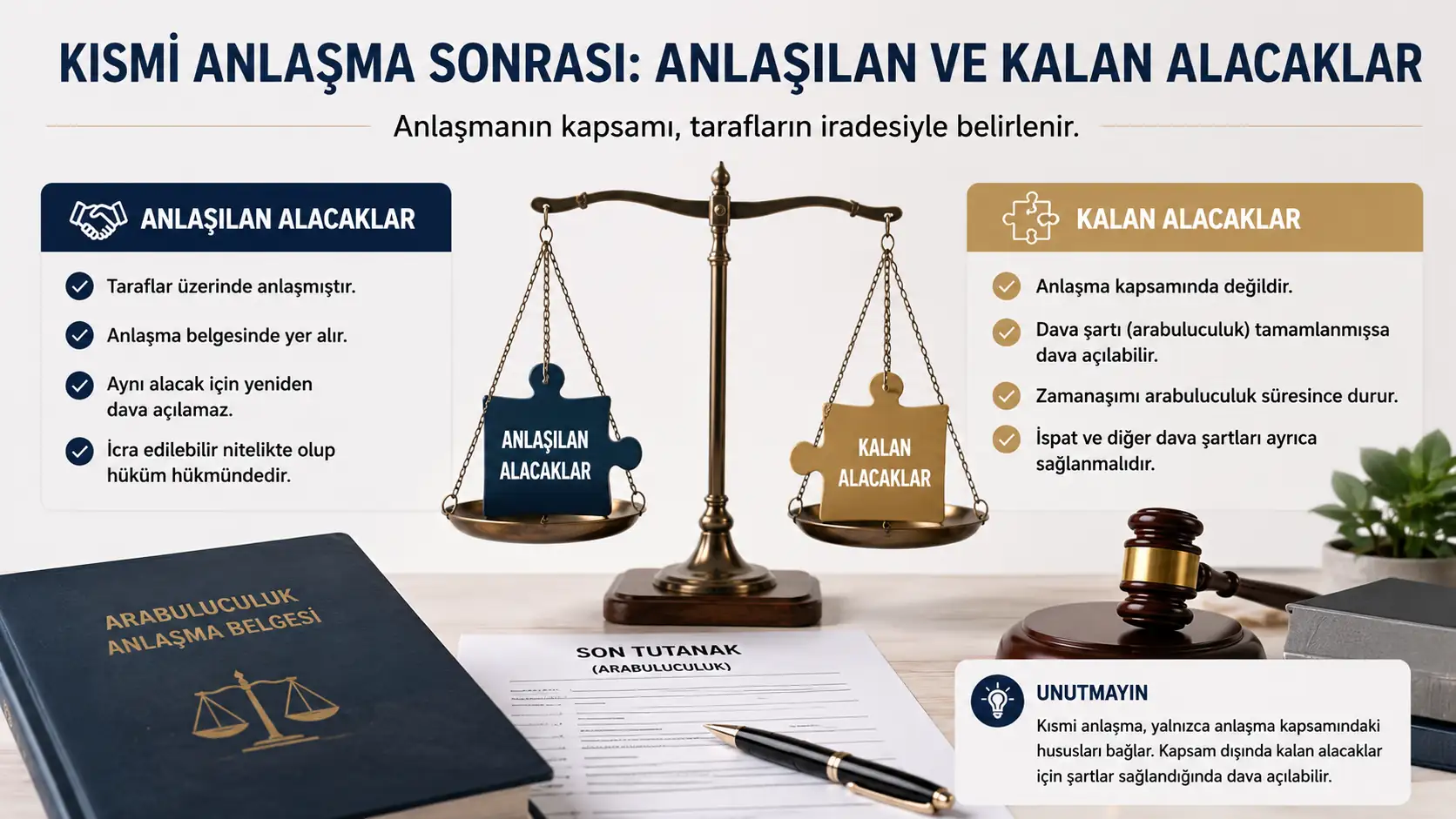 Arabuluculukta kısmi anlaşma kapsamındaki alacaklar ile dava konusu yapılabilecek kalan alacakların karşılaştırılması.