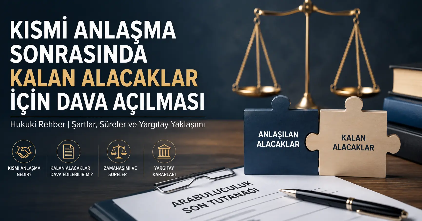Arabuluculukta kısmi anlaşma sonrasında kalan alacaklar için dava açılmasını temsil eden hukuk temalı görsel.