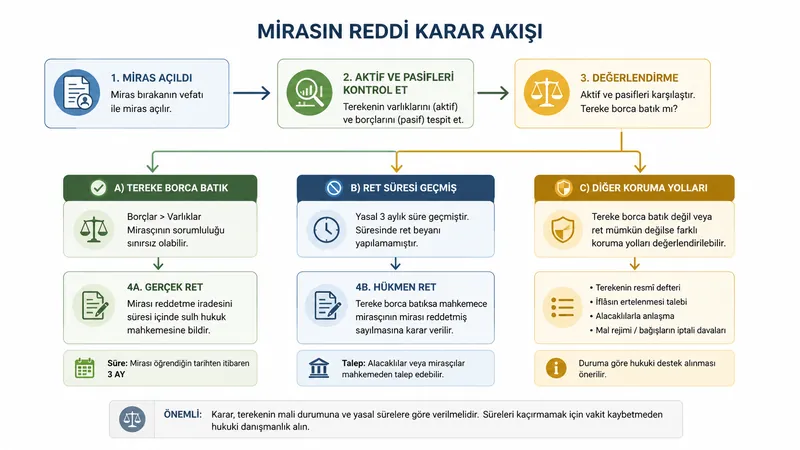 Borçlu tereke durumunda gerçek ret ve hükmen ret ayrımını gösteren karar akışı