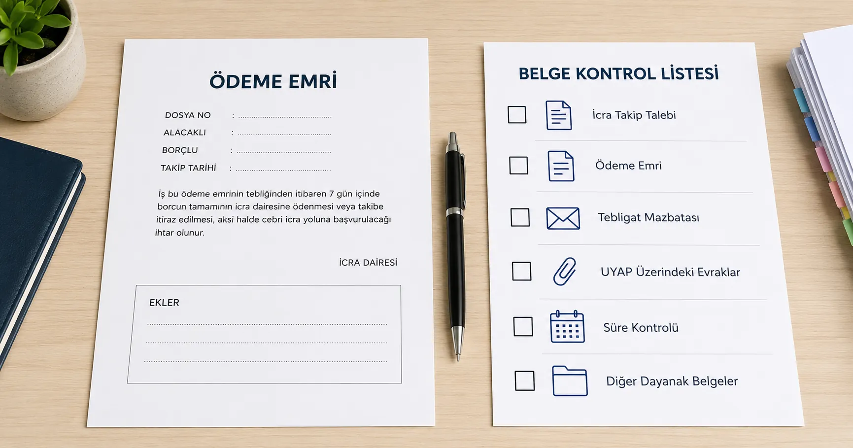Ödeme emrine dayanak belge eklenmemesi hâlinde incelenecek evrakları gösteren kontrol listesi.