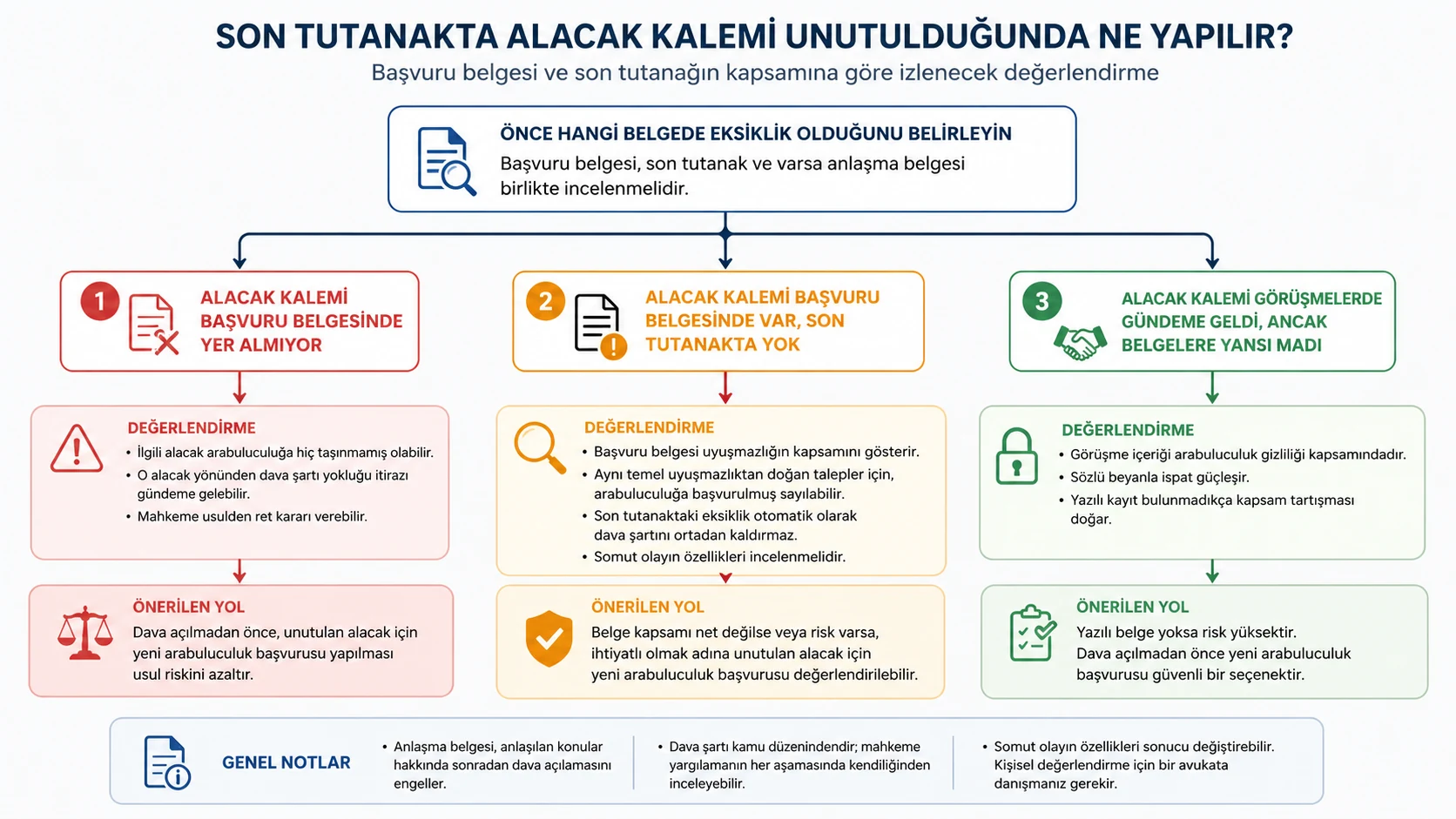 Ticari arabuluculukta başvuru belgesi ve son tutanağın kapsamına göre unutulan alacak kalemi için karar ağacı.