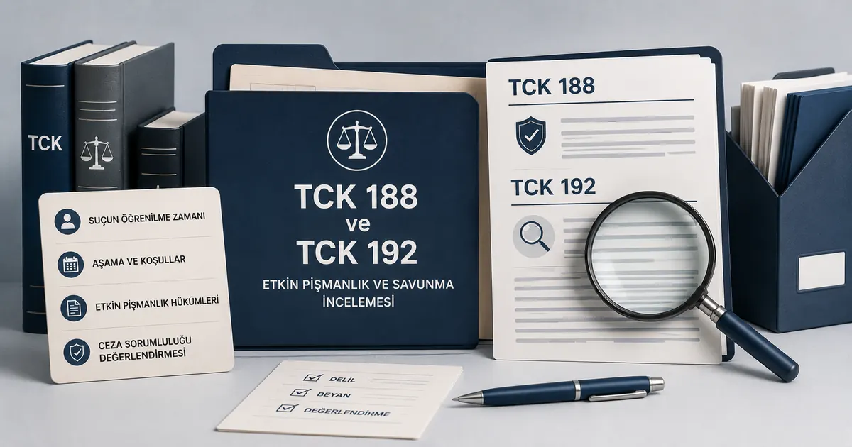 TCK 188 kapsamında etkin pişmanlık ve savunmada TCK 192 incelemesini gösteren hukuk dosyası.