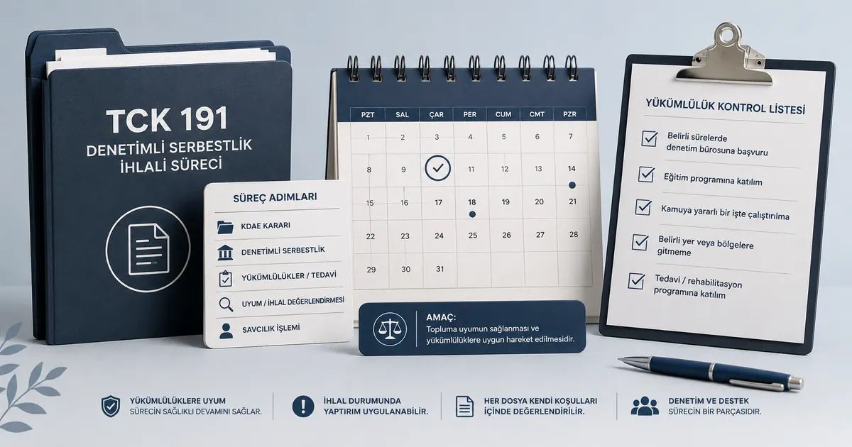 TCK 191 denetimli serbestlik ihlali sürecini gösteren dosya, takvim ve kontrol listesi