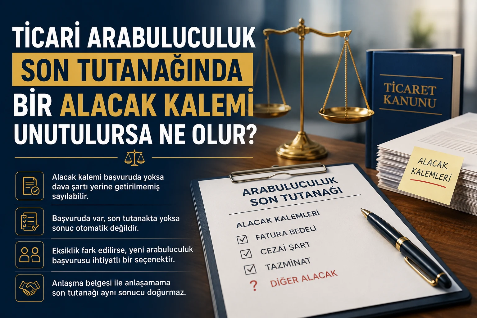 Ticari arabuluculuk son tutanağında unutulan alacak kaleminin dava şartına etkisini gösteren bilgilendirici görsel.