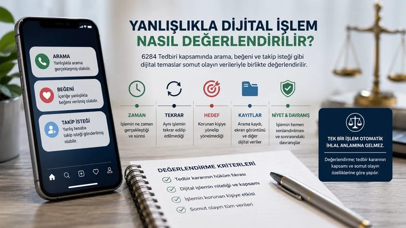 6284 tedbirinde yanlışlıkla arama, beğeni ve takip isteğinin zaman, tekrar, hedef ve dijital kayıtlarla değerlendirilmesini gösteren görsel.