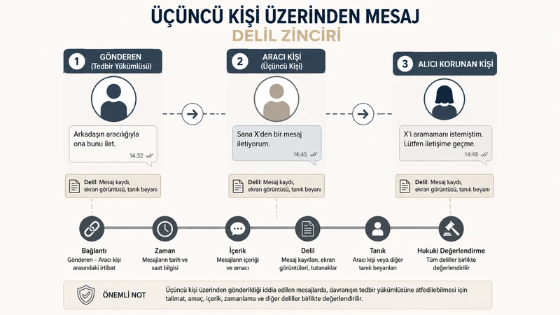 Üçüncü kişi üzerinden iletilen mesajda gönderen, aracı ve alıcı arasındaki delil zincirini simgeleyen görsel.