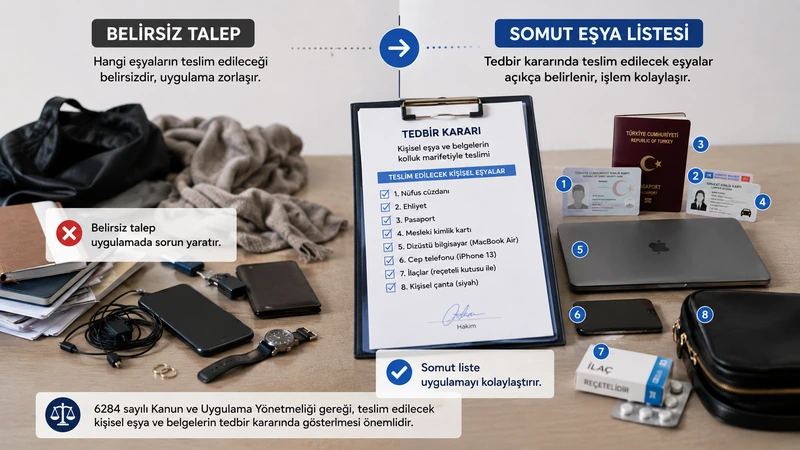 6284 tedbir kararında teslim edilecek kişisel eşyaların açıkça belirlenmesini gösteren somut eşya listesi
