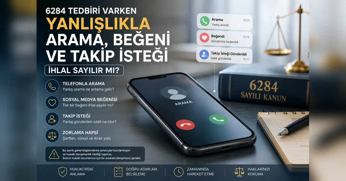 6284 tedbiri kapsamında yanlışlıkla arama, sosyal medya beğenisi ve takip isteğini anlatan hukuki bilgilendirme görseli.