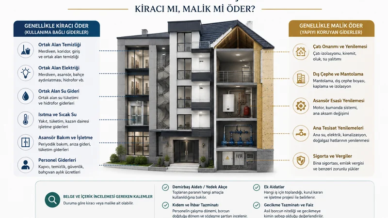 Temizlik, asansör, personel, mantolama ve demirbaş giderlerinin kiracı ile malik bakımından sınıflandırılması