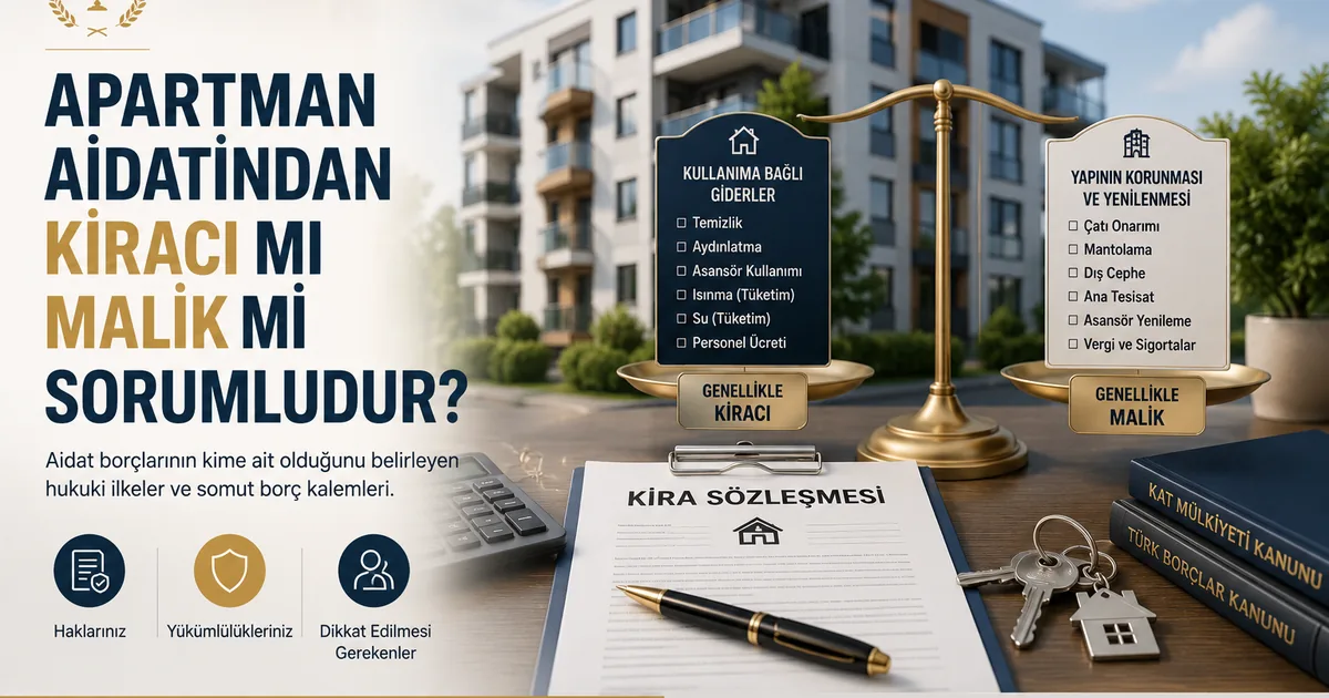 Apartman aidatından kiracı mı malik mi sorumlu sorusunu kullanım ve yapı giderleri üzerinden gösteren apartman illüstrasyonu