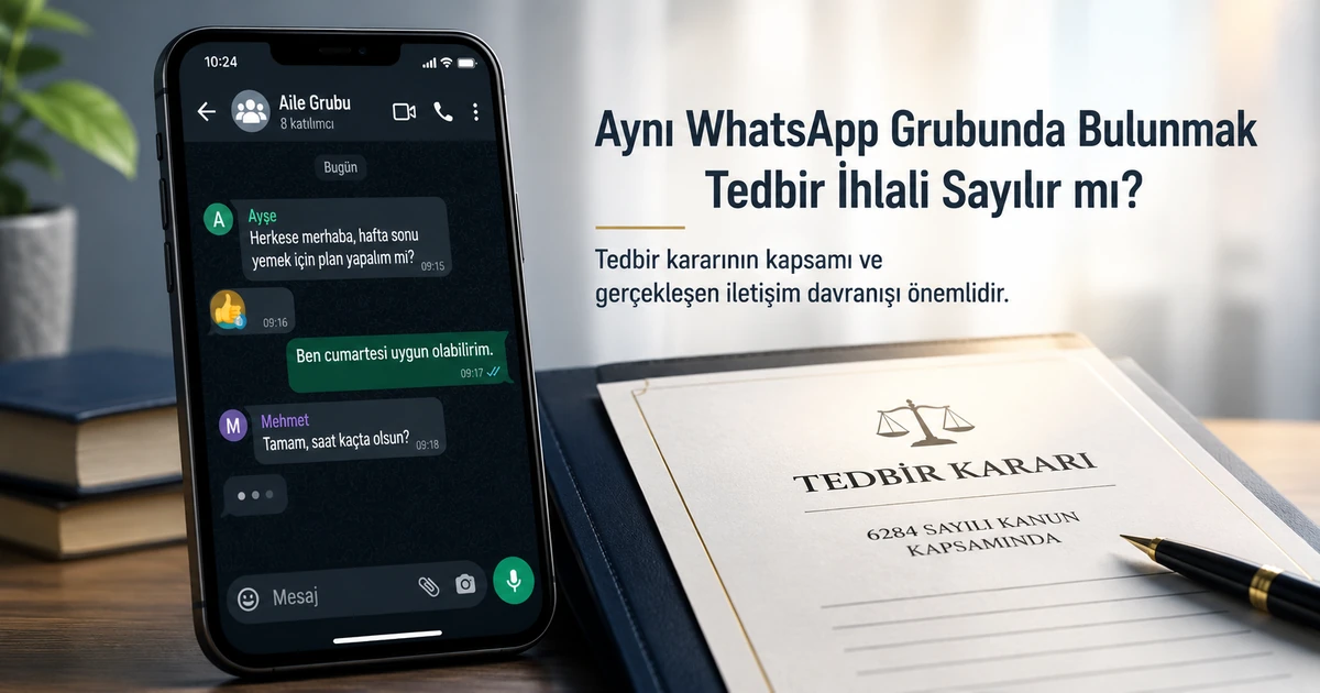 “Aynı WhatsApp grubunda bulunmanın tedbir ihlali olup olmadığını simgeleyen grup mesajlaşma ekranı ve tedbir belgesi.