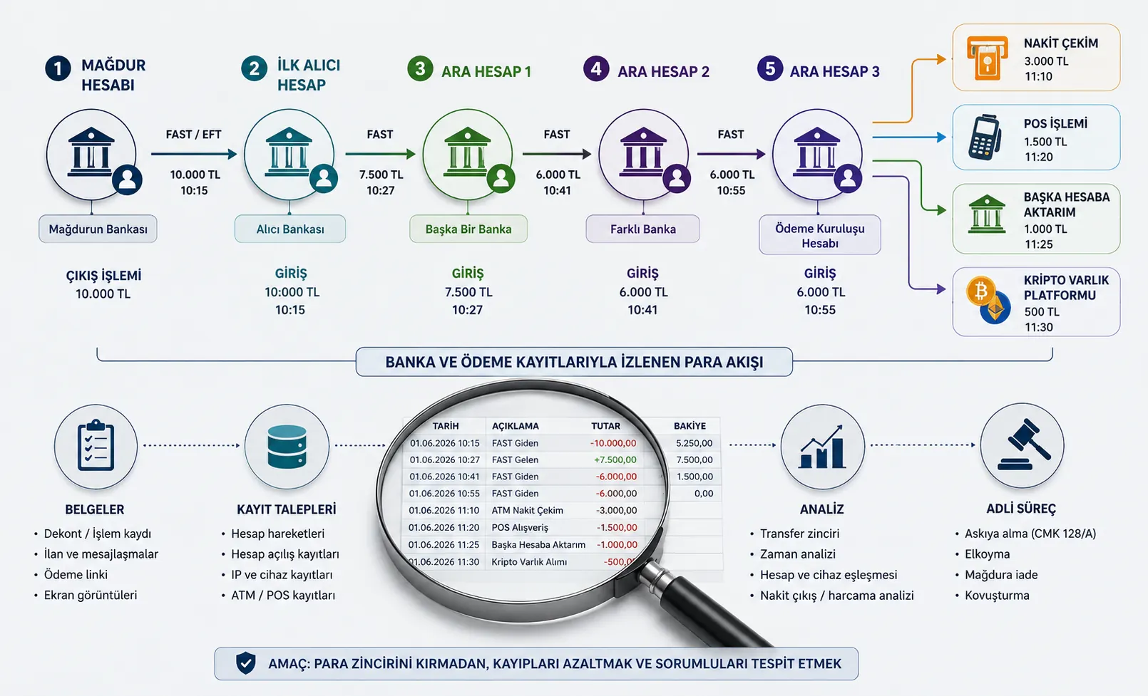 Dolandırıcılık soruşturmasında ilk alıcı hesaptan sonraki transferlerin banka kayıtlarıyla izlenmesi.