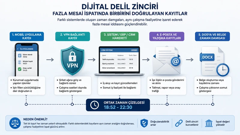 Mobil uygulama, VPN ve sistem loglarının fazla mesai ispatında birlikte değerlendirilmesini gösteren dijital delil zinciri