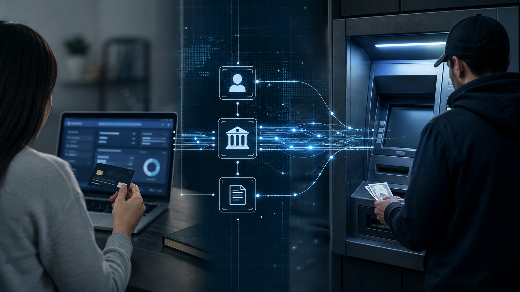 Hesap sahibi ile ATM'den parayı çeken kişinin farklı olmasını temsil eden banka kayıtları görseli