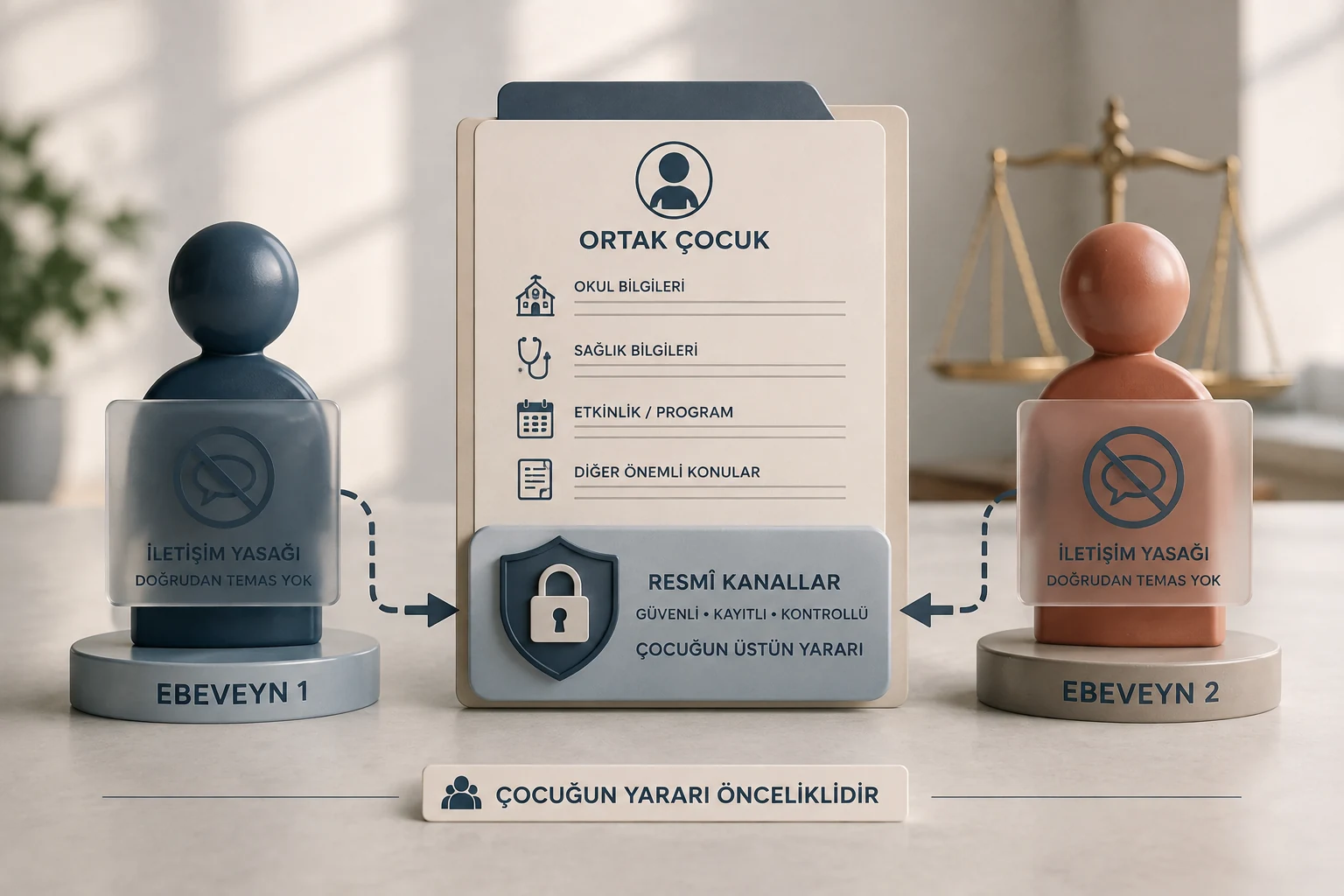 İletişim yasağı varken ortak çocuk hakkındaki iletişimin kontrollü ve kayıtlı kanallardan yürütülmesini temsil eden görsel.