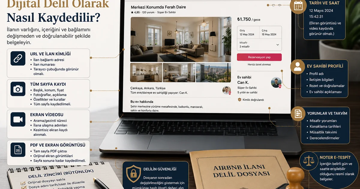 Kiracının Airbnb ilanının URL, tarih, profil ve ilan içeriğiyle dijital delil olarak kaydedilmesi