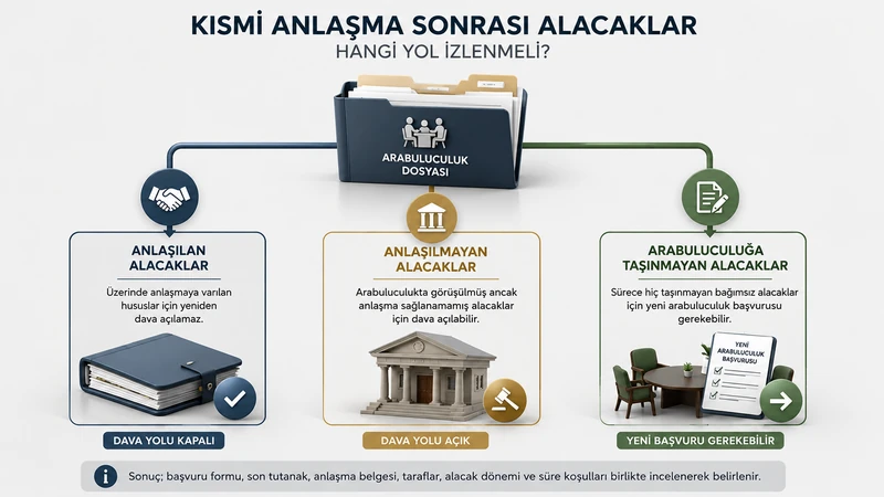 Kısmi anlaşmada anlaşılan, anlaşılmayan ve arabuluculuğa taşınmayan alacaklar için karar akışı