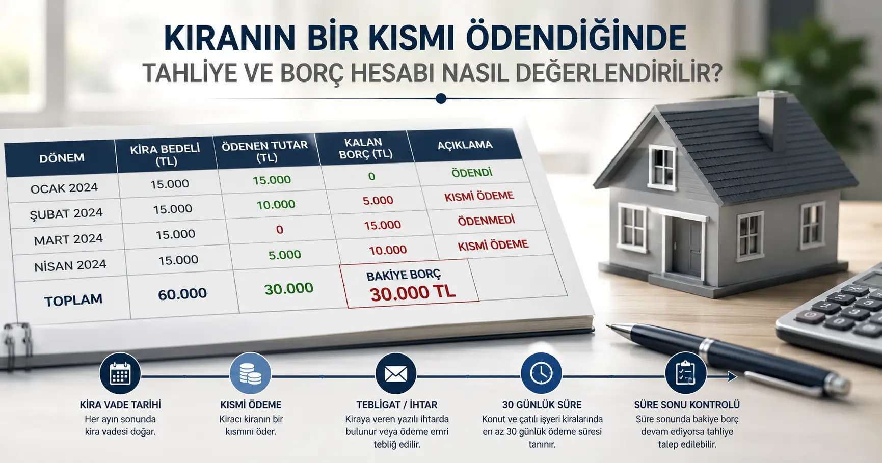 Kısmi kira ödemesi sonrası tahliye ve kalan borç hesabını gösteren kira cetveli